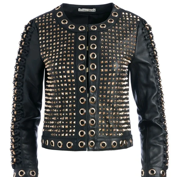 KIDMAN EMBELLISHED LEATHER BOXY JACKET + RILEY A-LINE STUDDED LEATHER SKIRT - Picture 7 of 8